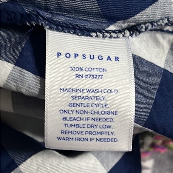 POPSUGAR GINGHAM DRESS SZ M RUFFLE HEM FAUX WRAP SKIRT BLUE WHITE - Picture 15 of 15